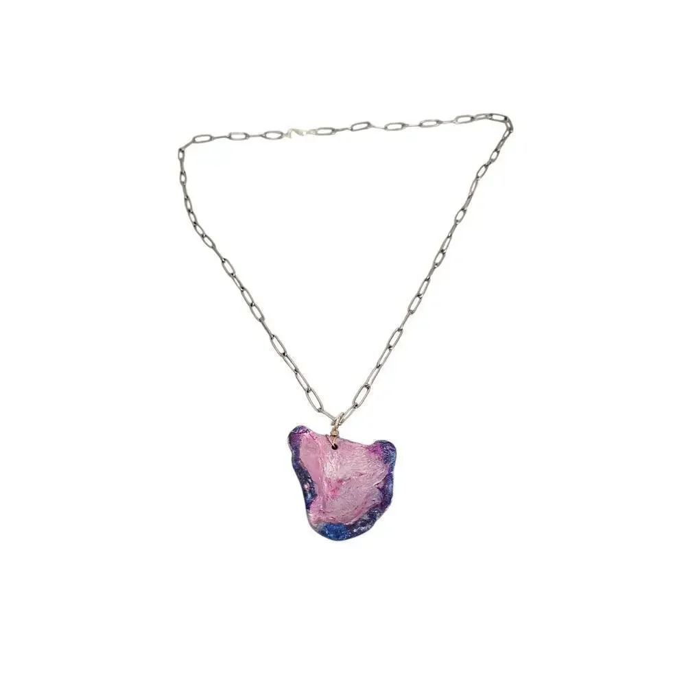 Abstract Iridescent Blue Purple Pendant Air Dry Clay Bear Necklace